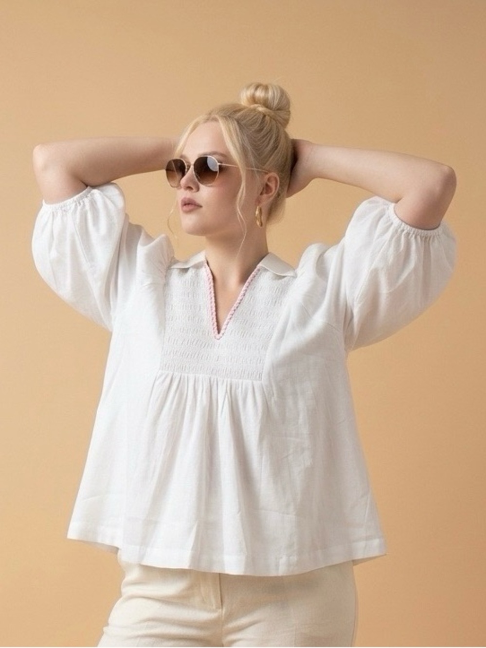 Umgee White Peasant Smocked V-Neck Blouse